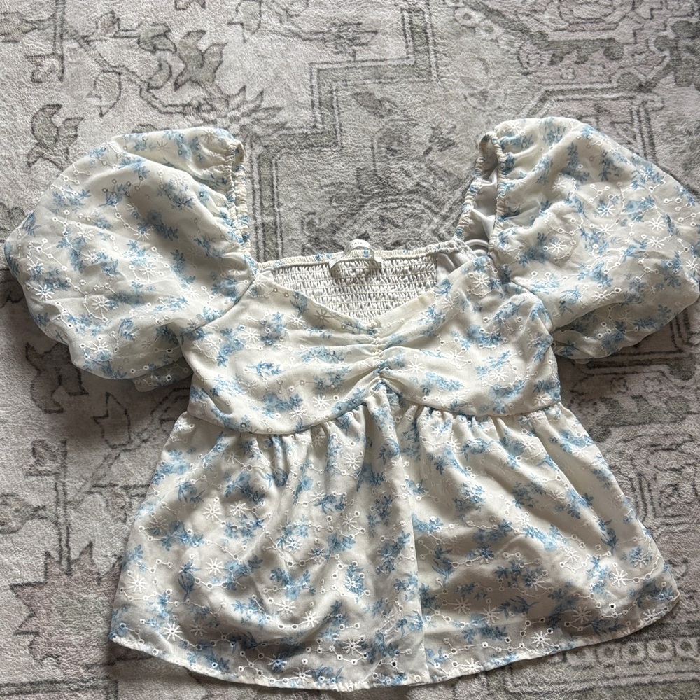 Altar'd State White Top with Light Blue Accents - Picture 1 of 3